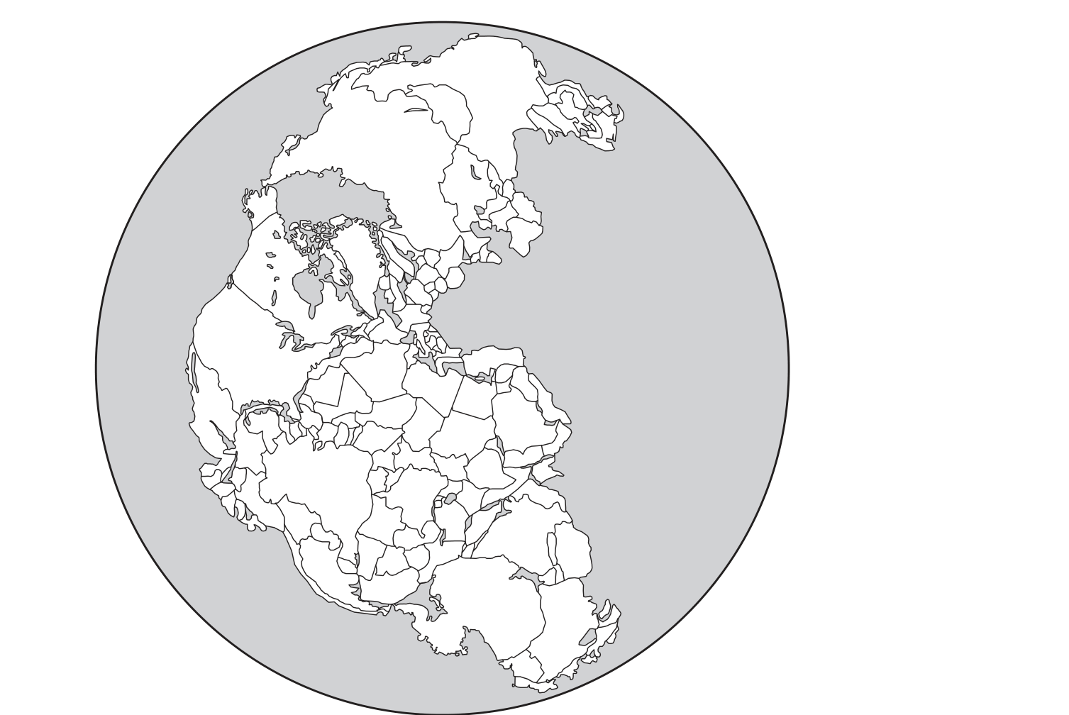 Mapa representando o supercontinente Pangeia com as divisões políticas e fronteiras dos países atuais projetadas sobre sua massa territorial única.