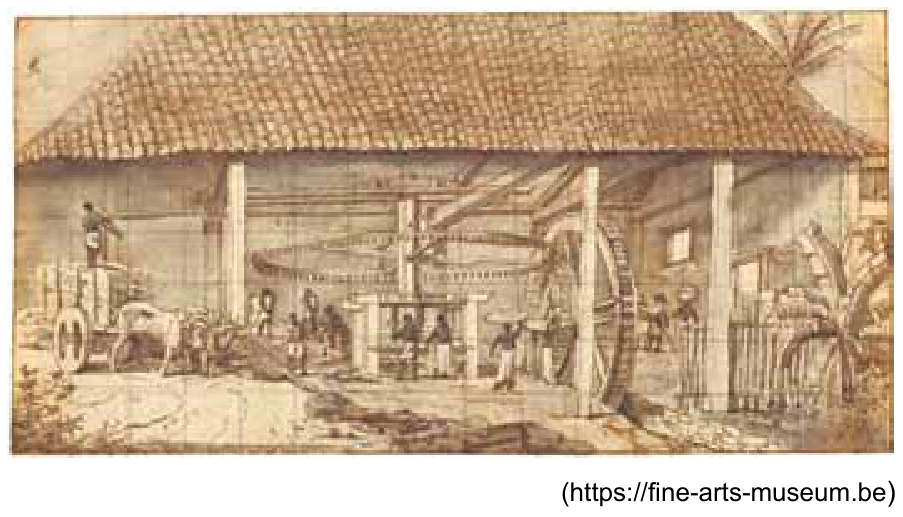 Gravura de Frans Post retratando o interior de um engenho de açúcar colonial, com trabalhadores escravizados na moenda, transporte de cana-de-açúcar e uma carroça de bois à esquerda. Na parte inferior direita consta a fonte: (https://fine-arts-museum.be).
