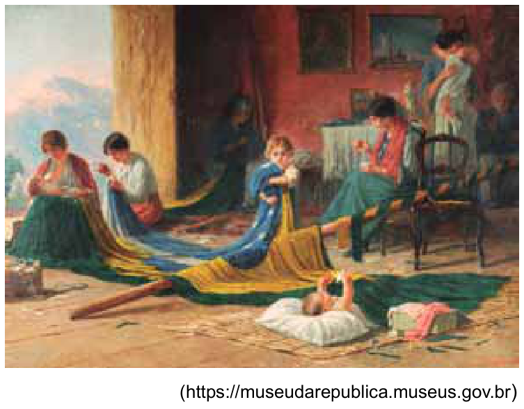 Pintura a óleo intitulada "A pátria", de Pedro Paulo Bruno (1919), retratando um grupo de mulheres e crianças em um ambiente doméstico costurando uma grande bandeira do Brasil espalhada pelo chão, com um bebê deitado sobre um travesseiro coberto por parte do tecido da bandeira.