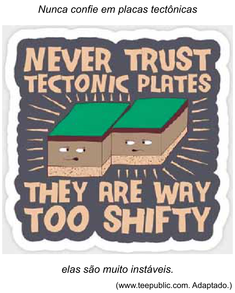 Ilustração com a frase em inglês "NEVER TRUST TECTONIC PLATES" na parte superior e "THEY ARE WAY TOO SHIFTY" na parte inferior. Ao centro, dois blocos representando placas tectônicas com camadas de solo e feições faciais antropomórficas deslizam lateralmente uma contra a outra em uma falha transformante. Acima da imagem, há o texto "Nunca confie em placas tectônicas" e, abaixo, "elas são muito instáveis.", seguido do crédito "(www.teepublic.com. Adaptado.)".
