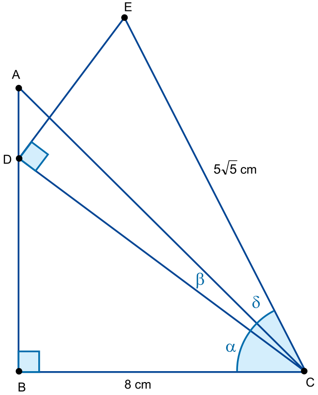 Triângulos retângulos ABC e CDE, com D sobre AB, reto em B e reto em D, com medidas BC = 8 cm, CE = 5√5 cm e ângulos α, β e δ no vértice C