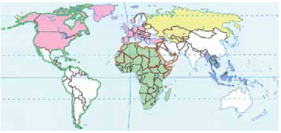 Mapa-múndi destacando agrupamentos de países por meio de cores e contornos distintos, evidenciando diferentes organizações regionais pelo globo terrestre, como nas Américas, Europa, África, Eurásia e Sudeste Asiático.