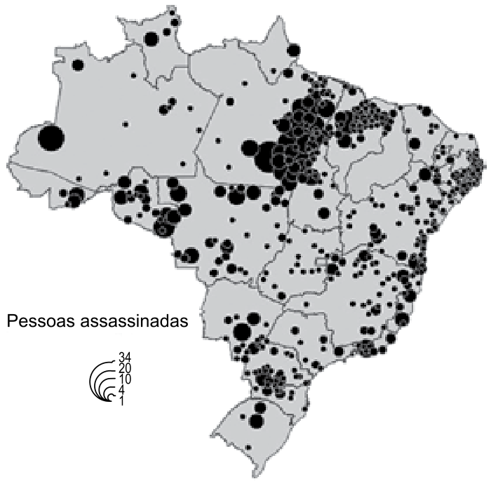 Mapa do Brasil apresentando a distribuição espacial de assassinatos no campo entre 1986 e 2006, com círculos proporcionais que variam de 1 a 34 pessoas assassinadas, evidenciando grande concentração nas áreas do sul e leste do Pará, Maranhão, Tocantins e Rondônia.
