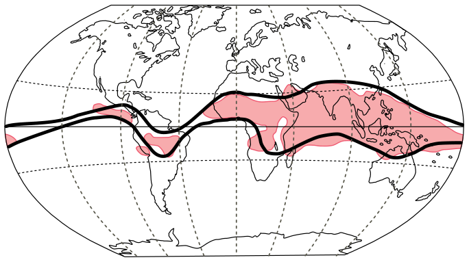 Mapa-múndi em projeção elíptica destacando uma faixa sombreada e delimitada por linhas contínuas escuras ao longo da zona intertropical, englobando a América do Sul, África Central, Oceano Índico, Sul e Sudeste Asiático e Oceania.