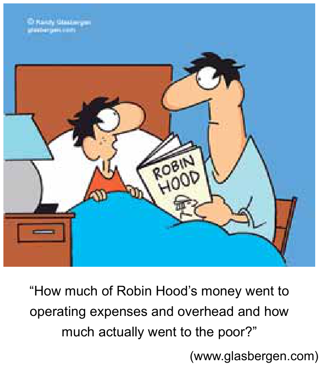 Cartum de Randy Glasbergen em que um homem lê um livro intitulado "ROBIN HOOD" para um menino na cama, com a legenda: “How much of Robin Hood’s money went to operating expenses and overhead and how much actually went to the poor?” (www.glasbergen.com)