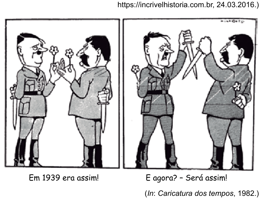 Charge de Belmonte em dois quadros, com Hitler à esquerda e Stalin à direita. No primeiro, ambos sorriem e oferecem flores um ao outro, enquanto escondem punhais atrás das costas; abaixo, lê-se “Em 1939 era assim!”. No segundo, os dois erguem os punhais, cruzando as lâminas, enquanto escondem flores atrás das costas; abaixo, lê-se “E agora? - Será assim!”.