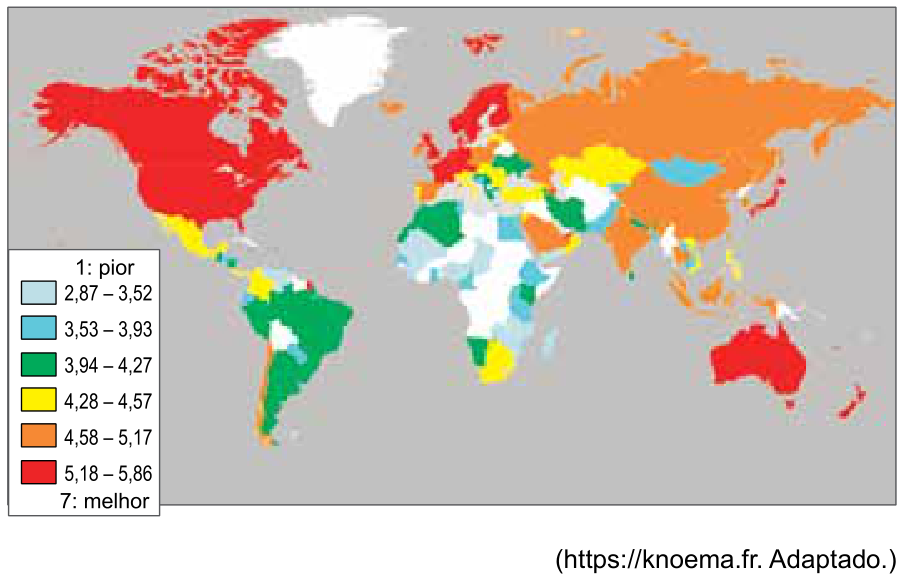 Mapa-múndi com dados espacializados em escala de 1 (pior) a 7 (melhor), categorizados em faixas de valores e cores variando do azul-claro ao vermelho.