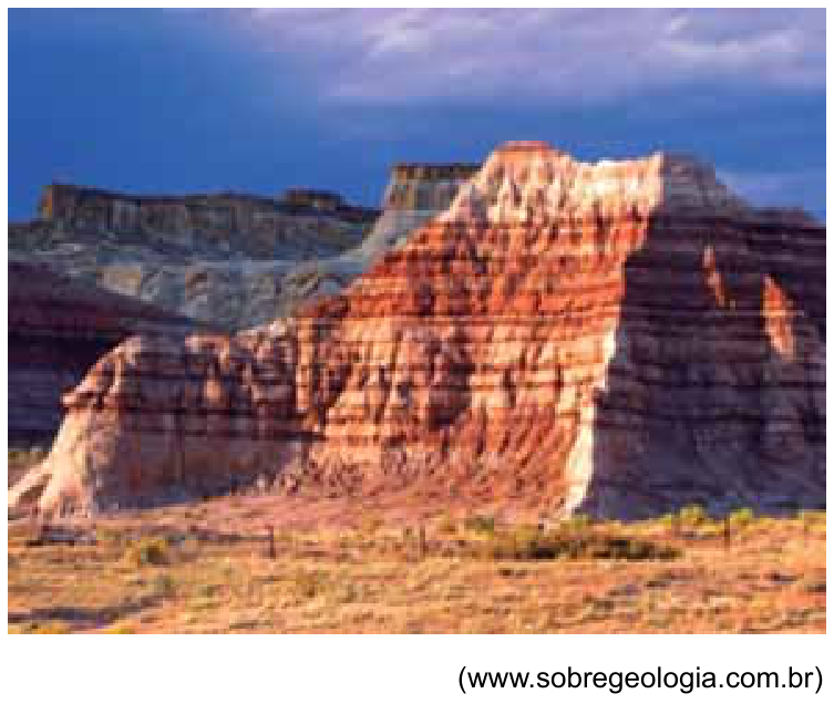 Fotografia de formação rochosa escarpada com camadas horizontais sobrepostas (estratos) bem definidas, alternando faixas em tons de vermelho, ocre e cinza claro sob céu azul com nuvens. No canto inferior direito da imagem consta a fonte: (www.sobregeologia.com.br).