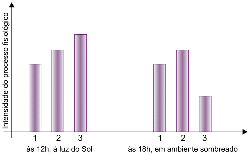 Gráfico de barras indicando a intensidade do processo fisiológico no eixo vertical para três condições numeradas de 1 a 3. Às 12h, à luz do Sol, as alturas das barras seguem ordem crescente: 1 menor, 2 intermediária e 3 maior. Às 18h, em ambiente sombreado, a barra 1 e a barra 2 mantêm as mesmas alturas observadas às 12h, enquanto a barra 3 torna-se a mais baixa de todas.
