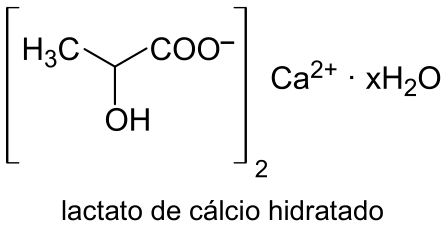 Fórmula estrutural e molecular do lactato de cálcio hidratado: entre colchetes a estrutura do ânion lactato com índice 2, seguido por Ca²⁺ · x H₂O, e a legenda lactato de cálcio hidratado abaixo