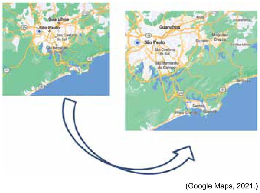 Dois mapas da Grande São Paulo e litoral paulista, com uma seta curva azul indicando a aproximação (zoom) e o aumento da escala entre eles.