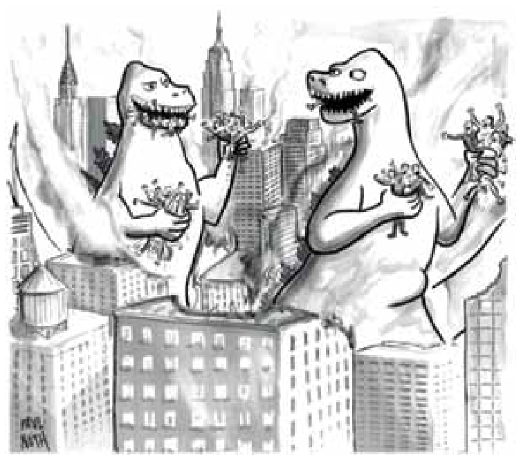 Cartum de Paul Noth mostrando dois monstros gigantescos destruindo uma metrópole com arranha-céus enquanto seguram e comem punhados de pessoas como se fossem petiscos.