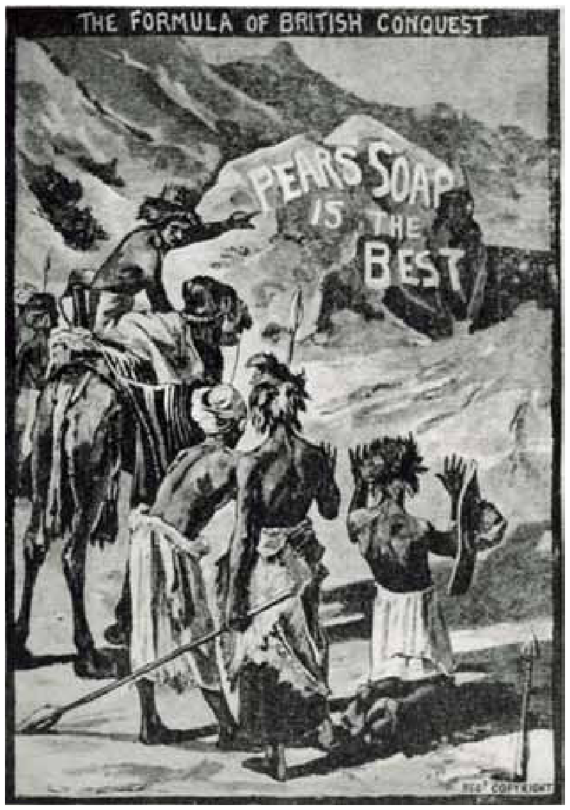 Anúncio publicitário do sabonete Pears intitulado "The formula of British conquest", mostrando um colonizador britânico montado a cavalo apontando para uma rocha com a inscrição "Pears' Soap is the best", enquanto homens africanos observam em atitude de reverência e espanto.