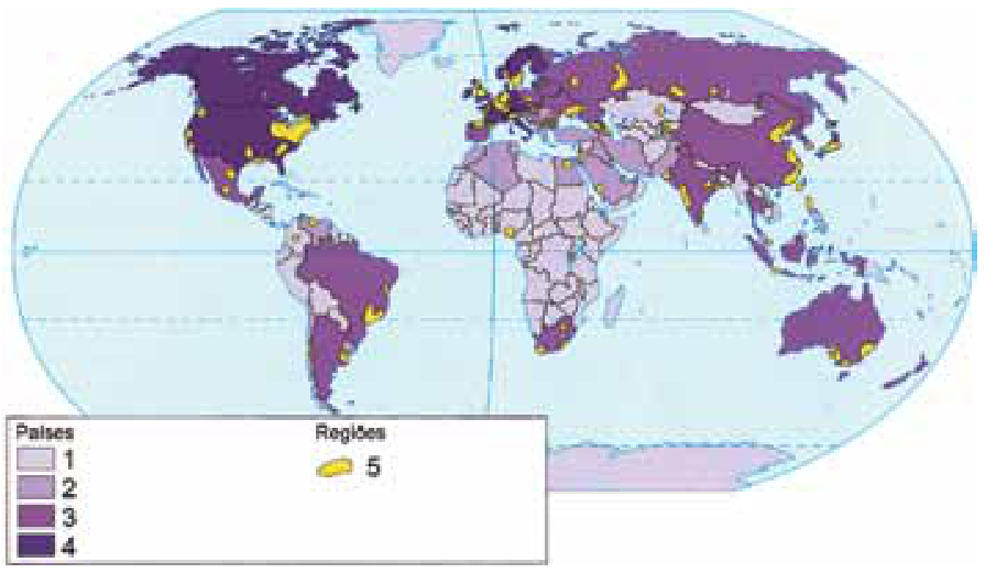 F1 Mapa-múndi temático com legenda contendo "Países" numerados de 1 a 4 representados em tons de lilás a roxo escuro, e "Regiões" numerada com 5 representada em amarelo, distribuída em manchas em pontos como o nordeste e costa oeste dos Estados Unidos, Europa ocidental, leste da China, Japão e sudeste do Brasil.