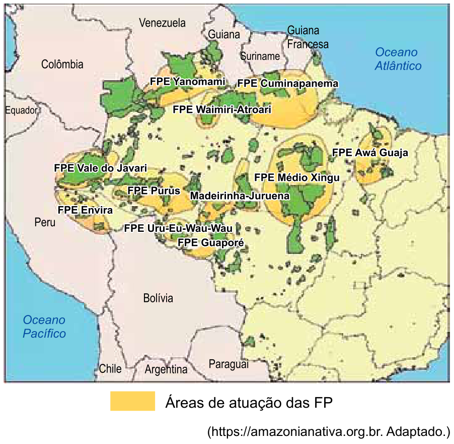 F1 Mapa da região amazônica no Brasil indicando as áreas de atuação das Frentes de Proteção (FP), destacando frentes como FPE Yanomami, FPE Cuminapanema, FPE Waimiri-Atroari, FPE Vale do Javari, FPE Purus, FPE Envira, Madeirinha-Juruena, FPE Médio Xingu, FPE Awá Guaja, FPE Uru-Eu-Wau-Wau e FPE Guaporé.