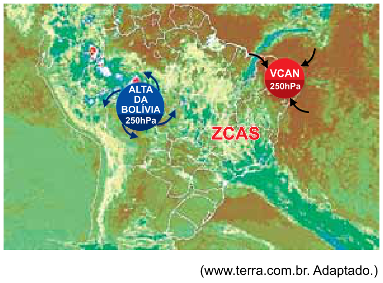 F1 Imagem de satélite meteorológica da América do Sul ilustrando a Alta da Bolívia (círculo azul com indicação de circulação anticiclônica e texto "ALTA DA BOLÍVIA 250hPa"), o VCAN no Nordeste (círculo vermelho com indicação de circulação ciclônica e texto "VCAN 250hPa") e a faixa de nebulosidade da Zona de Convergência do Atlântico Sul identificada pelo texto "ZCAS" em vermelho.