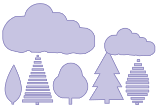 Ilustração em tom lilás de árvores e nuvens