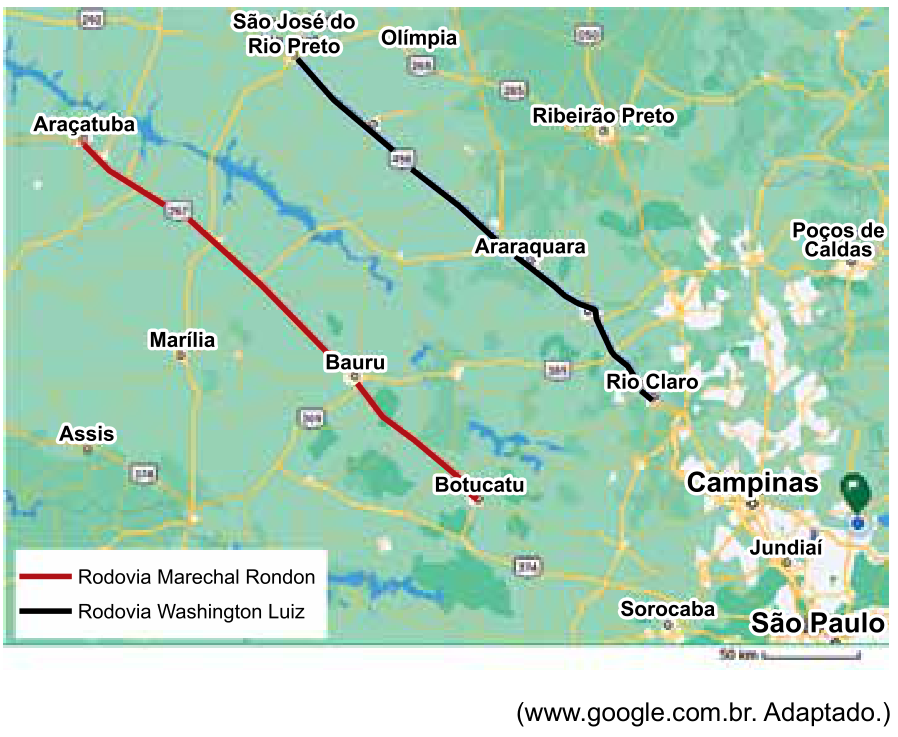 Mapa do estado de São Paulo com destaque para a Rodovia Marechal Rondon em linha vermelha (passando por Botucatu, Bauru e Araçatuba) e a Rodovia Washington Luiz em linha preta (passando por Rio Claro, Araraquara e São José do Rio Preto).