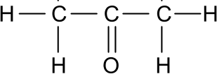 Fórmula estrutural plana da propanona, apresentando a cadeia H3C-C(=O)-CH3 com a carbonila no carbono central e hidrogênios abertos.