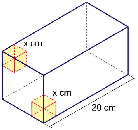 Representação em perspectiva de um paralelepípedo com comprimento de 20 cm, contendo dois cubos amarelos de aresta x cm posicionados em vértices diagonalmente opostos da mesma face quadrada.