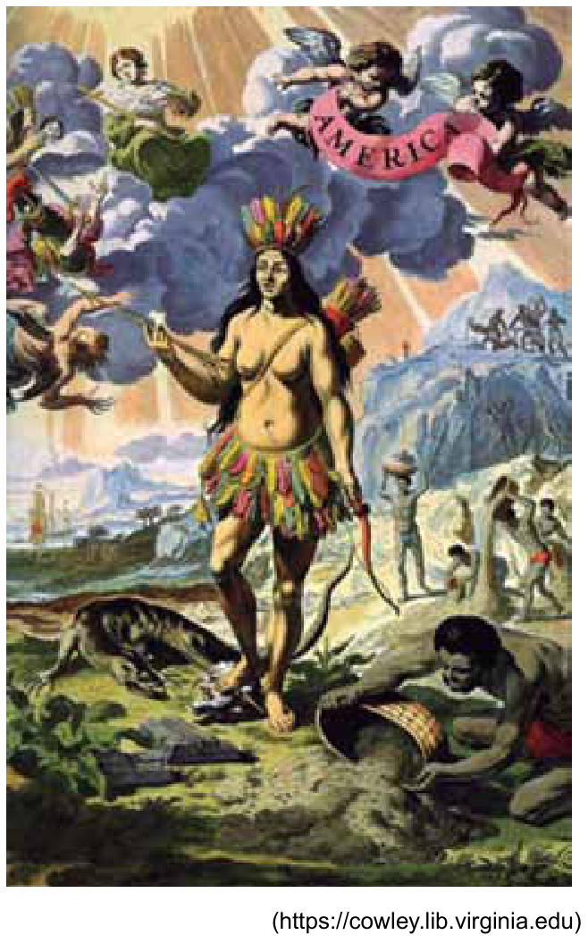Gravura colorizada intitulada "A amazona americana" (1662), de Johannes Blaeu. Ao centro, uma mulher indígena nua da cintura para cima, vestindo saia de penas coloridas e cocar, segurando um arco e com aljava nas costas. No céu nublado, querubins seguram uma faixa vermelha onde se lê "AMERICA". Ao redor, observam-se homens negros e indígenas trabalhando, um réptil aos pés da figura central, uma caravela distante ao mar e paisagens montanhosas. Abaixo da imagem lê-se o crédito: (https://cowley.lib.virginia.edu).