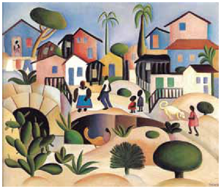 Reprodução da pintura a óleo "Morro de Favela" (1924), de Tarsila do Amaral, retratando um cenário de favela com casas coloridas sobrepostas no morro, figuras humanas estilizadas, animais e vegetação com formas geométricas e simplificadas.