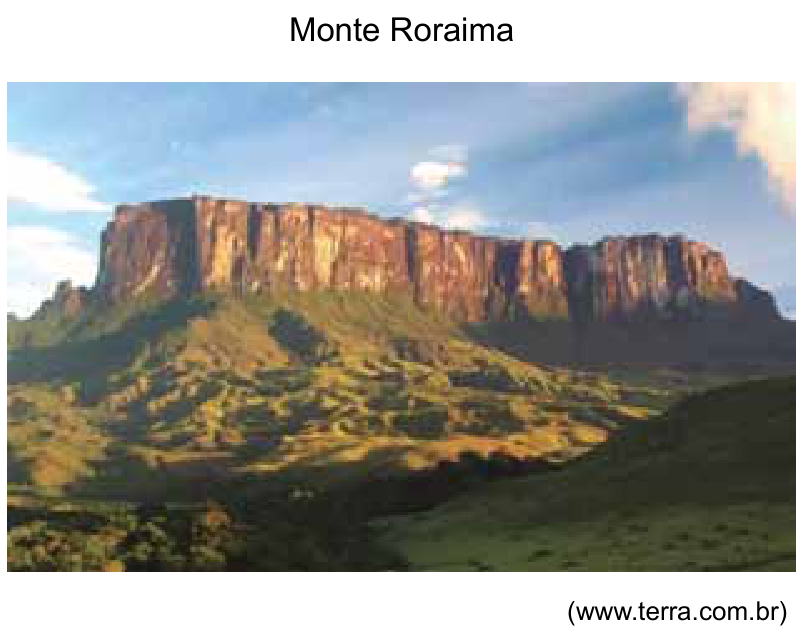 Fotografia do Monte Roraima, destacando sua formação com paredões rochosos íngremes e topo aplainado, circundado por áreas mais baixas.