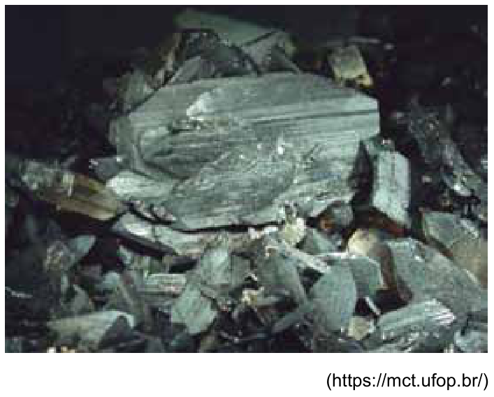 Fotografia de cristais do mineral volframita, com hábito prismático e coloração cinza-escura brilhante.