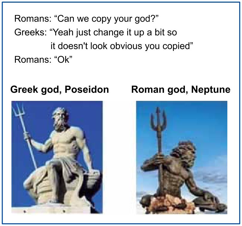 Meme em inglês com diálogo entre romanos e gregos sobre copiar deuses, acompanhado de duas estátuas quase idênticas: à esquerda, o deus grego Poseidon; à direita, o deus romano Netuno.