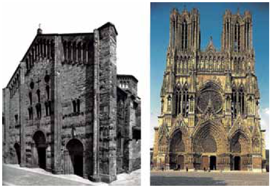 F1 Fotografias das fachadas de duas igrejas medievais lado a lado: à esquerda, em preto e branco, a Basílica de San Michele, com espessas paredes de pedra, arcos de volta perfeita e poucos ornamentos; à direita, colorida, a Catedral de Reims, com grande verticalidade, profusão de esculturas, arcos ogivais, rosácea e duas torres elevadas.