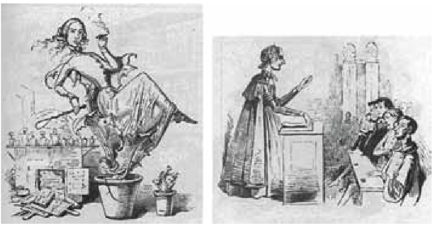 Duas ilustrações satíricas do século XIX: à esquerda, “Plantas do Orquidário Moderno” (1845), retratando uma mulher fumando charuto e segurando uma vara de montaria, brotando de um vaso de plantas; à direita, “Madame Professora” (1846), mostrando uma mulher lecionando em um púlpito diante de três homens ouvintes.