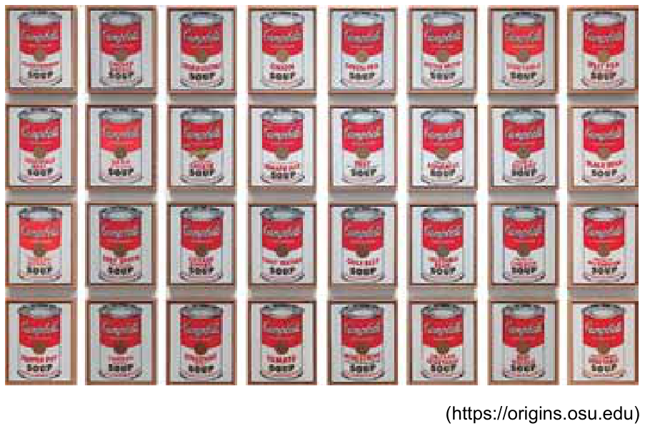 Reprodução da obra Latas de Sopa Campbell, de Andy Warhol, composta por uma grade de 32 pequenas telas (4 linhas e 8 colunas) ilustrando latas de sopa de sabores variados da marca Campbell.