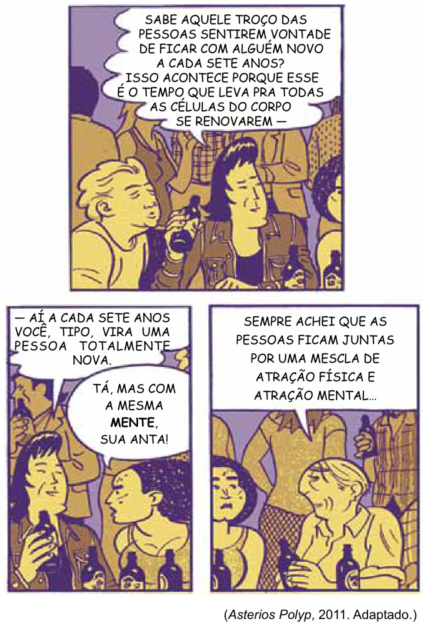 Tirinha de Asterios Polyp em três quadros mostrando personagens em uma festa conversando e refletindo sobre a renovação das células humanas a cada sete anos.