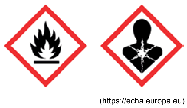 Dois pictogramas de perigo do GHS em formato de losango com borda vermelha: à esquerda, o símbolo de substância inflamável (chama sobre uma linha horizontal); à direita, o símbolo de perigo à saúde (silhueta humana com uma estrela branca no peito).
