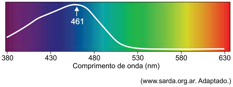 Curva de absorção da bilirrubina em função do comprimento de onda da luz, sobreposta ao espectro visível com comprimentos de onda de 380 a 630 nm, destacando o pico em 461 nm