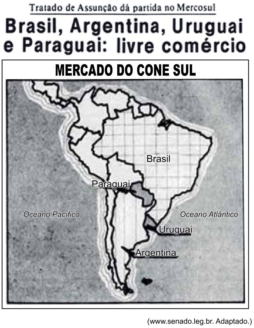 Manchete do jornal Tribuna da Imprensa: "Tratado de Assunção dá partida no Mercosul / Brasil, Argentina, Uruguai e Paraguai: livre comércio", acompanhada de um mapa da América do Sul destacando os quatro países fundadores sob o título "MERCADO DO CONE SUL".