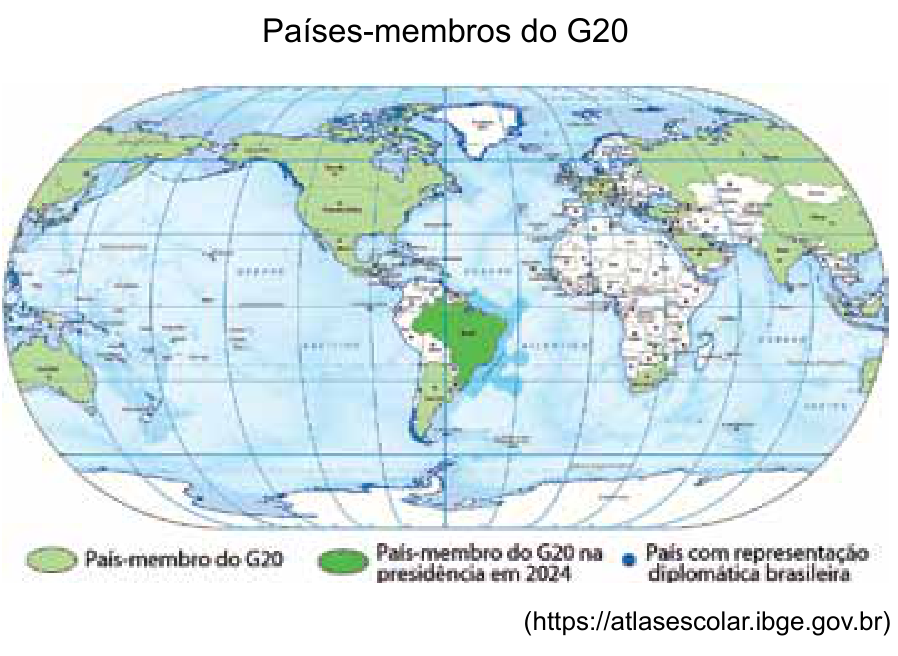 Mapa-múndi do IBGE com o Brasil no centro, destacando os países-membros do G20 e a presidência brasileira em 2024.