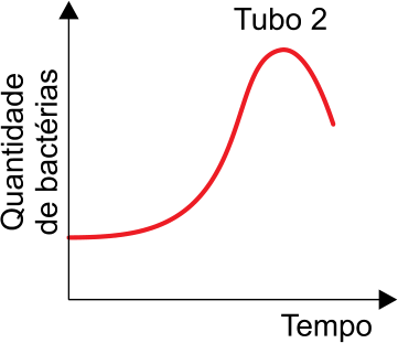 F8 Gráfico do Tubo 2 com quantidade de bactérias em função do tempo, exibindo crescimento seguido de declínio