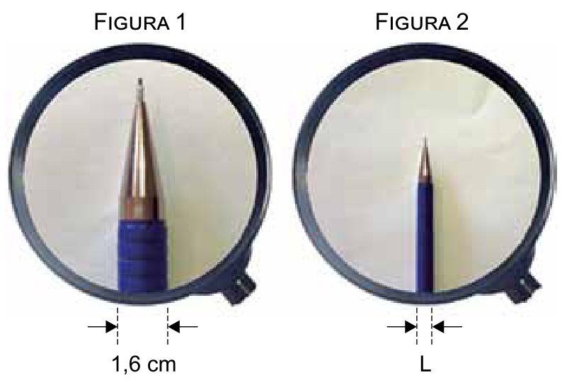 Duas lentes circulares com imagens da mesma lapiseira: a Figura 1 mostra uma lente convergente com uma imagem ampliada da lapiseira, com a largura da base indicada como 1,6 cm; a Figura 2 mostra uma lente divergente com uma imagem reduzida da lapiseira, com a largura da base indicada como L.