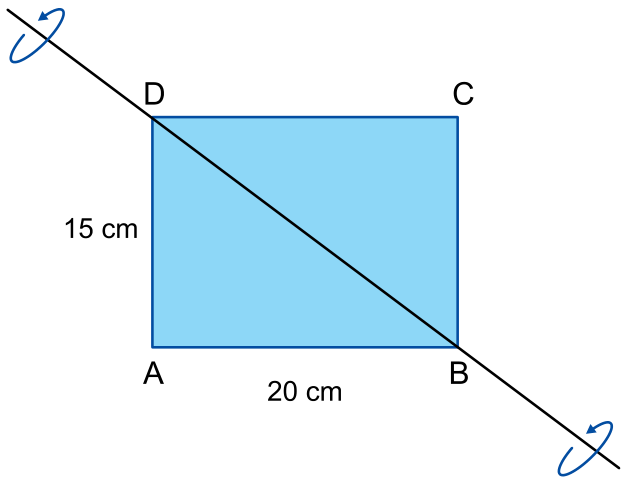 Retângulo ABCD com lados medindo 15 cm e 20 cm, atravessado pela reta diagonal r que passa pelos vértices D e B, com setas circulares indicando a rotação de 180 graus.