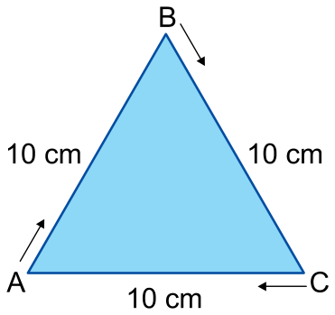 Triângulo equilátero ABC com lados de 10 cm e setas indicando o movimento no sentido horário de A para B, de B para C e de C para A.