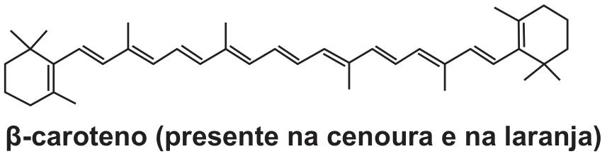 Fórmula estrutural do beta-caroteno, apresentando dois anéis ciclo-hexeno terminais interligados por cadeia com duplas ligações conjugadas e metilas, com a legenda: β-caroteno (presente na cenoura e na laranja)