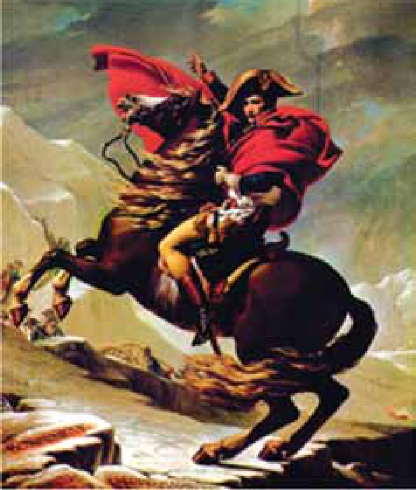 Pintura retratando Napoleão Bonaparte sobre um cavalo empinado em meio às montanhas, com sua capa vermelha esvoaçante e apontando em direção ao cume.