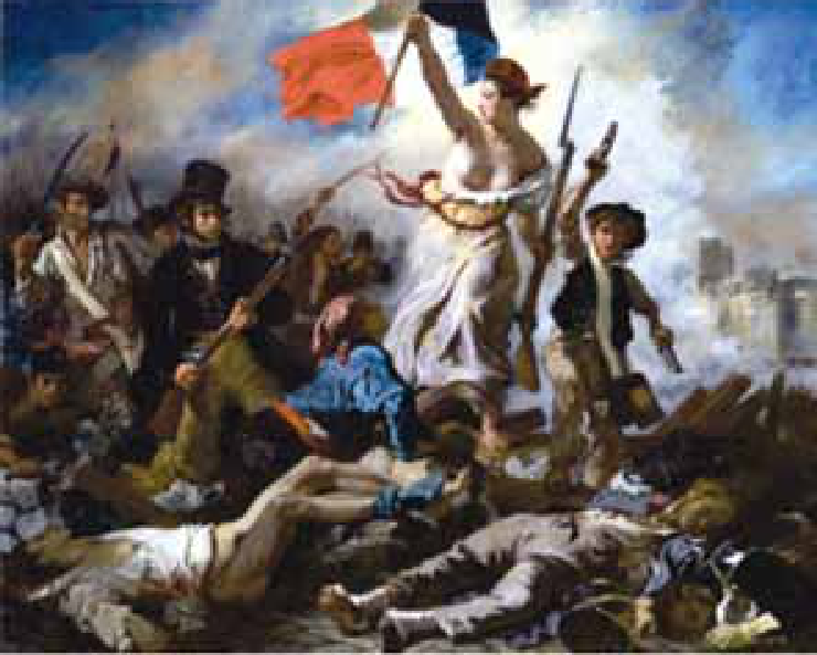 Pintura retratando uma mulher que personifica a Liberdade, erguendo a bandeira tricolor francesa e liderando o povo armado sobre uma barricada e corpos caídos.