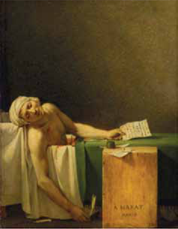 Pintura retratando o revolucionário Jean-Paul Marat morto em uma banheira, segurando uma folha de papel e uma pena, com uma caixa de madeira em primeiro plano.