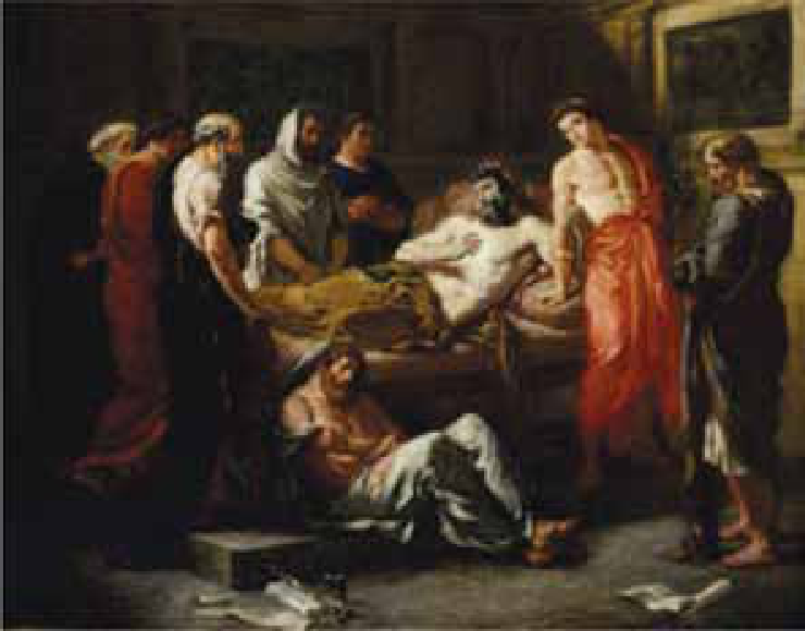 Pintura retratando o imperador Marco Aurélio em seu leito de morte, cercado por conselheiros e filósofos vestidos com togas romanas.