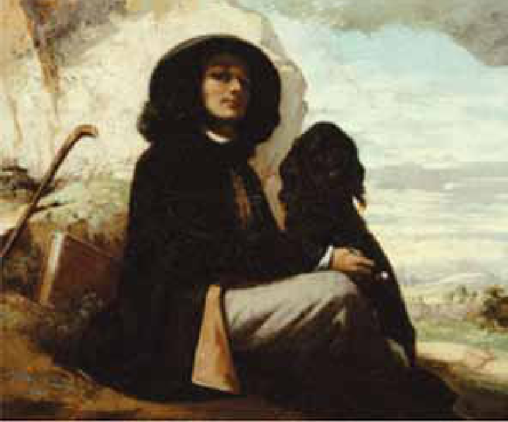 Pintura retratando um jovem de cabelos compridos e chapéu, sentado em uma colina ao lado de um cachorro preto, diante de uma paisagem aberta.