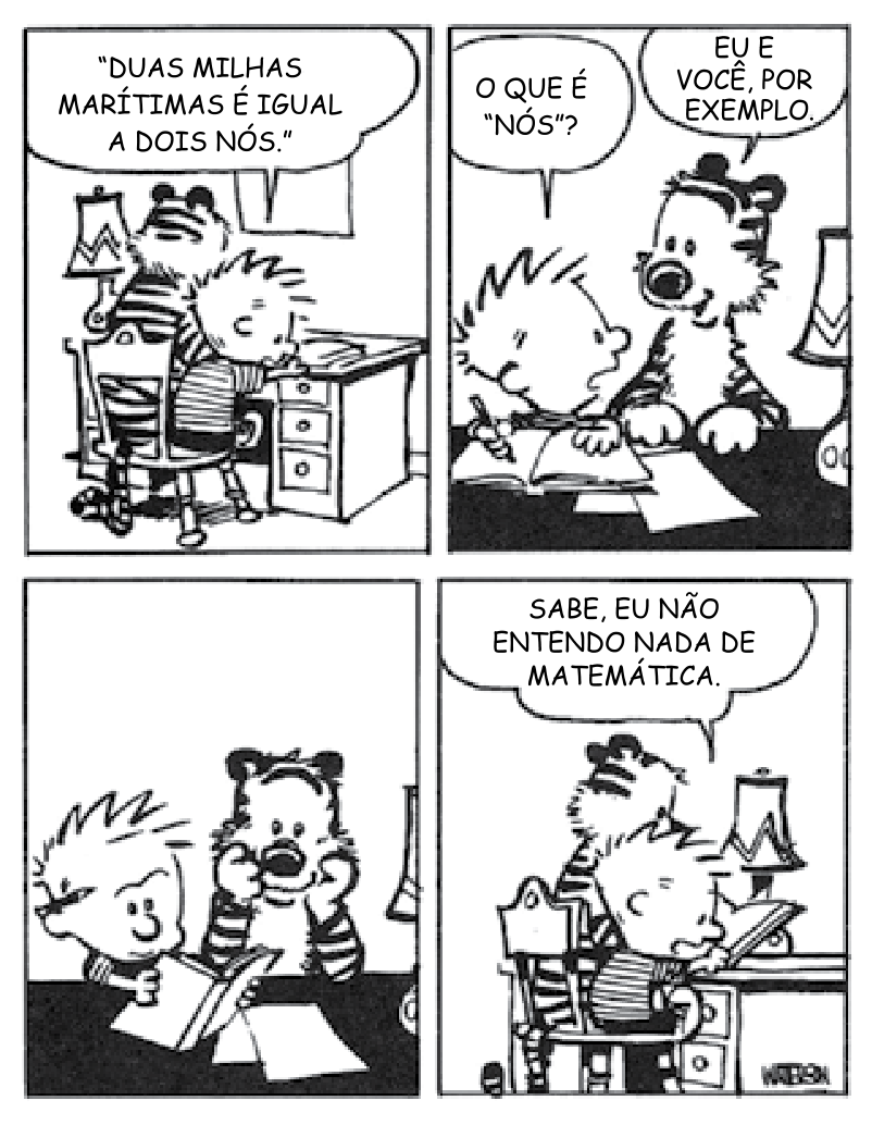 Tirinha de quatro quadrinhos de Calvin e Haroldo estudando