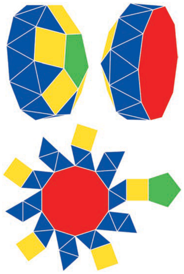 Na parte superior, o poliedro cúpula pentagonal giralongada é apresentado em duas perspectivas tridimensionais diferentes: uma enfatizando a face pentagonal superior verde, rodeada por quadrados amarelos e triângulos azuis, e outra enfatizando a face decagonal vermelha na base, rodeada por triângulos azuis. Na parte inferior, é exibida a planificação do poliedro, com uma face decagonal central vermelha circundada por triângulos azuis, cinco quadrados amarelos distribuídos ao redor e um pentágono verde conectado a um dos quadrados.