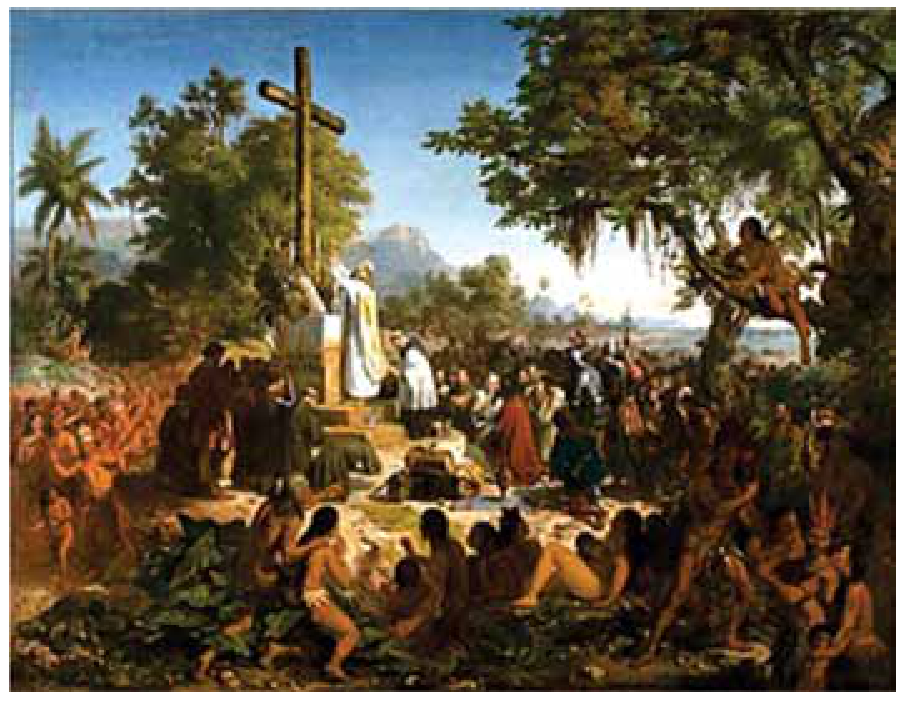 Pintura "Primeira missa no Brasil", de Victor Meirelles, retratando um padre com vestes brancas celebrando uma missa diante de um altar com uma grande cruz de madeira, rodeado por portugueses e diversos indígenas integrados à paisagem natural em atitude contemplativa e pacífica.